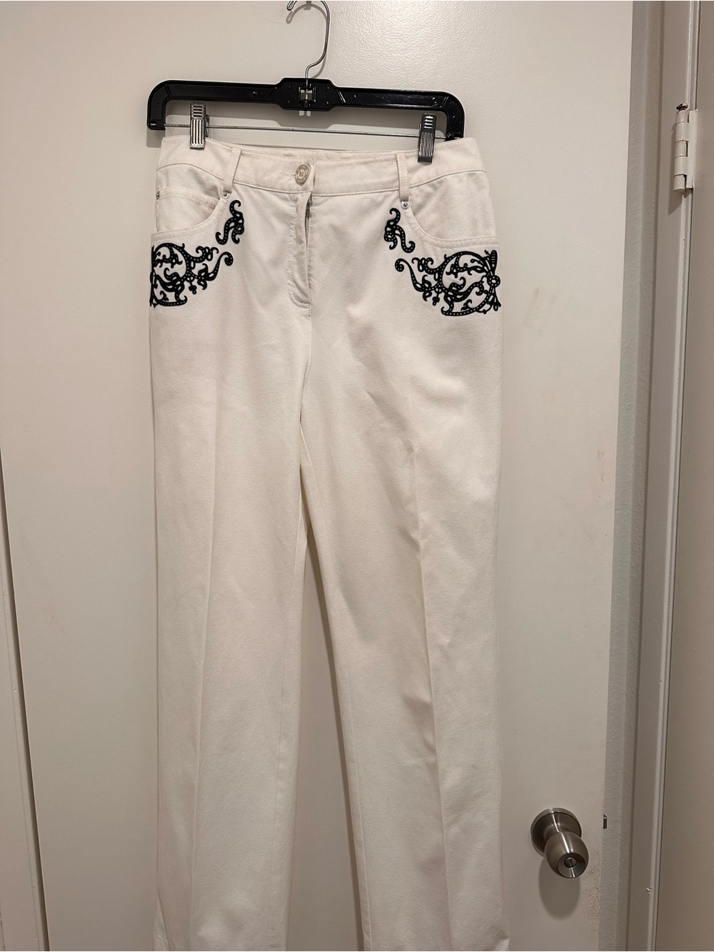 White Straight Leg Pants with Black Embroidered Pockets